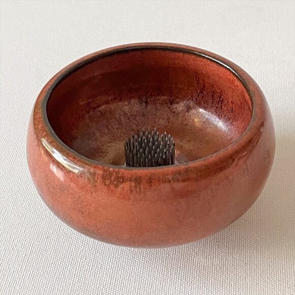 Vintage Art Pottery Ikebana Kenzan Vase Flower Frog Bowl Glazed Reddish Brown - Picture 1 of 8